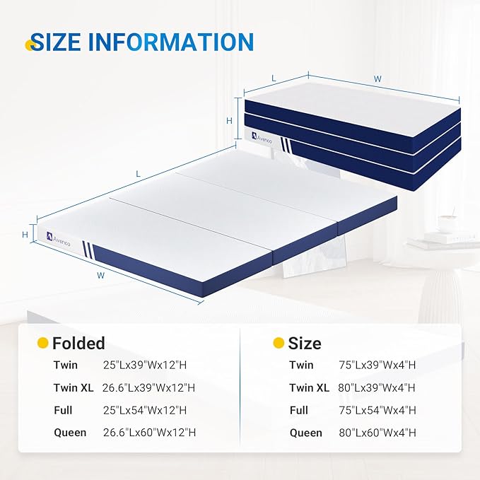 Avenco Folding Mattress Twin, Trifold Mattress 4 Inch Memory Foam for Guest Room/Caravan/Camping/Travel Mattress, Tri Folding Mattress Portable with Removable Cover & Non-Slip Bottom, 75" Lx39 Wx4 H