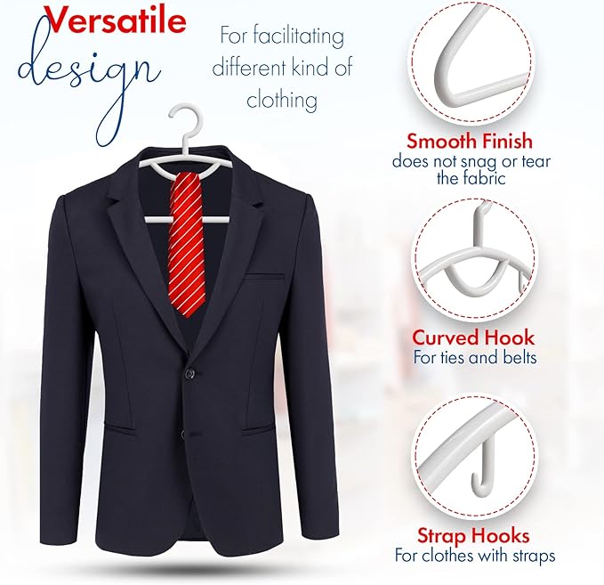 Plastic Clothes Hangers- Heavy Duty Plastic Hangers for Clothes, Coats, Dress, Suits- Non Slip Closet Cloth Hanger with Hook for Scarves, Belts & Ties- Snag Free White Hangers for Shirts (Pack of 8)