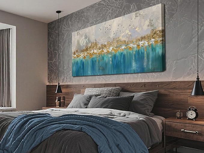 Arjun Teal Gold Abstract Wall Art Blue Turquoise Hand Painted Textured Painting Canvas Modern Grey Artwork Wooden Framed Large Size for Living Room Bedroom Bathroom Home Office Wall Decor, 40"x20"