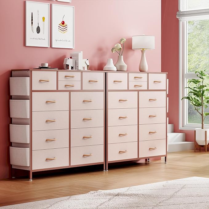 Lulive Pink Dresser for Bedroom with 12 Drawers, Tall Dresser Chest of Drawers with Side Pockets and Hooks, Fabric Storage Tower for Closet, Hallway, Living Room (Pink)