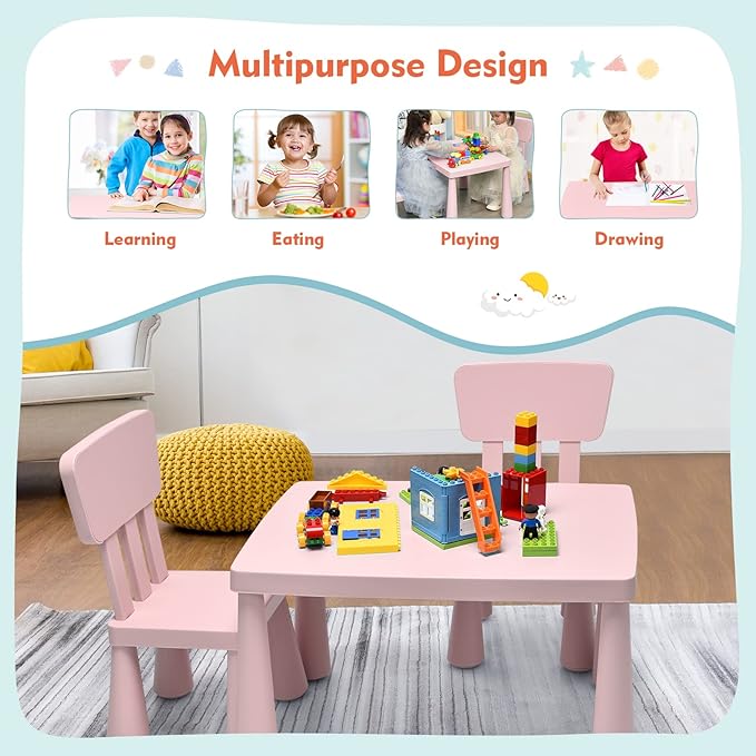 LDAILY Kids Table and Chairs, 3-Piece Children Arts Nursery Furniture for Drawing, Reading, and Painting, Light Weight Plastic Activity Kids Desk and Chair Set for Playroom, Kindergarten (Pink)