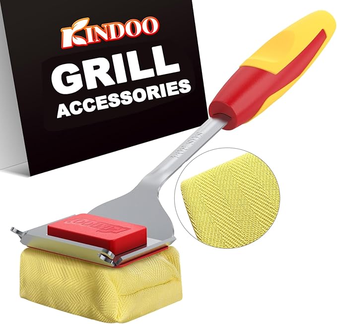 Grill Brush Bristle Free for Outdoor Grill, Steam Grill Cleaning Brush Replaceable BBQ Cleaner Brush Head,Extended Handle, Safe Grill Brush with Scraper for Cast Iron Stainless-Steel Grates, Red