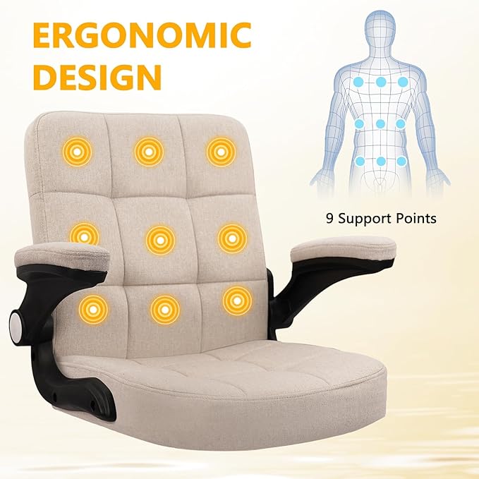 CLATINA Fabric Office Chair Ergonomic Cloth Linen Swivel Desk Chair with Back Support and Padded Flip up Armrests, Executive Rolling Computer Task Chairs for Work, Conference, Home, Study, Beige