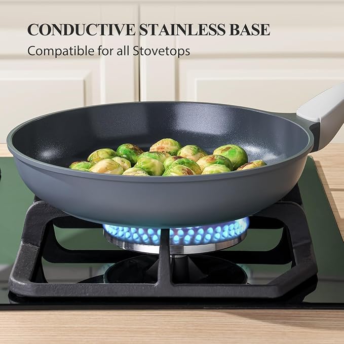 Nonstick Ceramic Frying Pan with Lid, Non Toxic Skillet, Healthy Egg & Omelet & Chef's Pan, PTFE PFOA & PFAS Free, Induction Compatible (8Inch W/L)