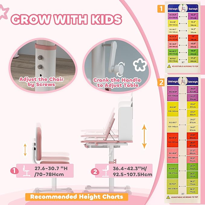 Qaba Kids Desk and Chair Set, Height Adjustable Kids School Study Desk and Chair Set with Tilt Desktop, Storage Drawer and Reading Rack for Writing, Reading and Drawing, Pink