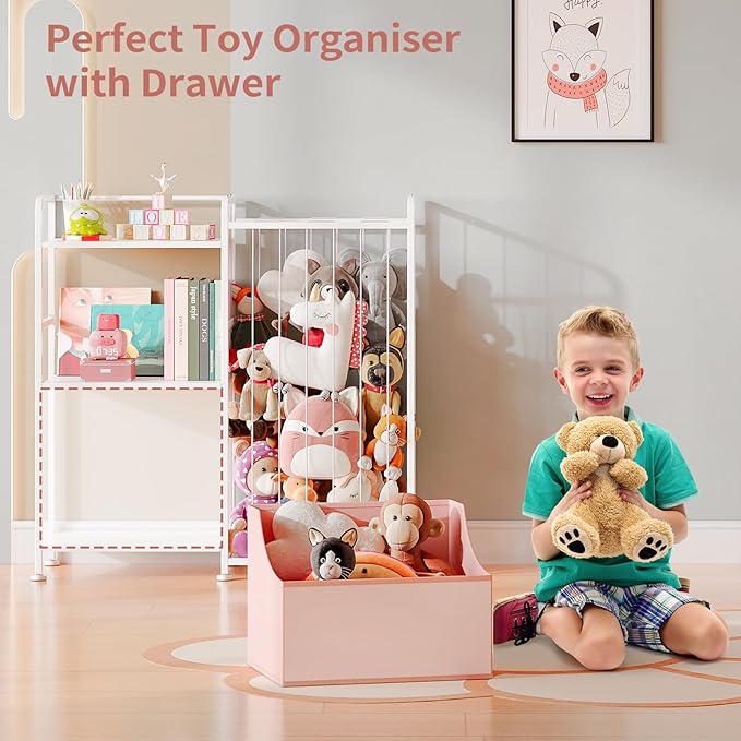 BBLIKE Stuffed Animal Storage - Stuffed Animal Net with Kids Bookshelf and Toy Organizer, 2-Tier White Bookshelf with Stuffed Animal Holder and Fabric Toy Chest for Kids Room, Playroom, Nursery, Pink