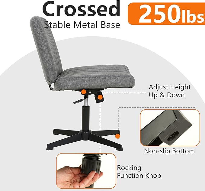 FDW Criss Cross Chair Armless Cross Legged Office Desk Chair Adjustable Swivel Ergonomic Gaming Chair No Wheels Backrest with Wide Seat Native Sponge Computer Task Vanity Chair for Home Office,Grey