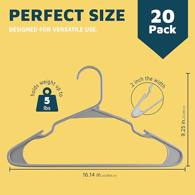 Plastic Clothes Hangers – Heavy Duty Hanger Set, for Organizing Clothes, Dresses, and Coat, Holds Up to 5 lbs, Space-Saving Hangers with Non-Slip Shoulder Grooves, Pack of 20, Gray