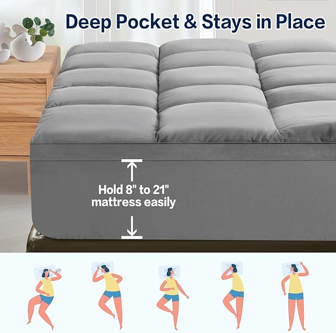 SOPAT Mattress Topper Full Size Extra Thick Mattress Pad 8-21" Deep Pocket Soft Down Alternative Fill Mattress Protector Pillow Top Mattress Cover (54x75 Inches, Grey)