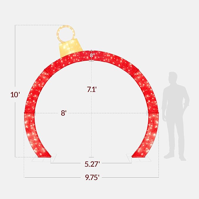 Best Choice Products Large Outdoor Christmas Lighted Archway Decoration, 9.5ft XL with Gold Ornament Cap, 330 LED Lights, Holiday Yard Décor - Red