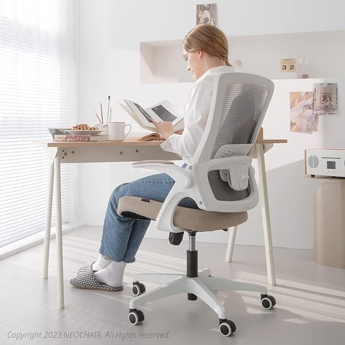 NEO CHAIR Office Desk Chair Computer High Back Mesh Gaming Seat with Ergonomic Adjustable Comfy Flip-up Armrests Lumbar Support Height for Home (Beige)