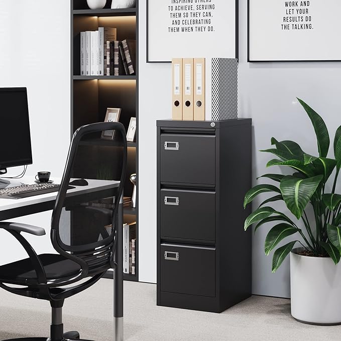 3 Drawer File Cabinet with Lock Metal Vertical File Cabinet Office Home Narrow File Cabinet for A4 Legal/Letter Size,Assembly Required (Black, 3 Drawers-Vertical)