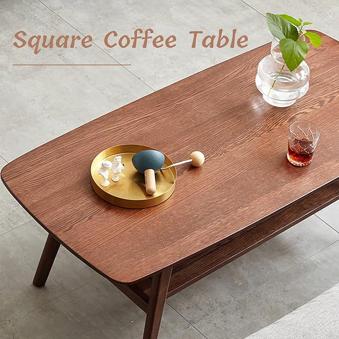 Wood Coffee Table - 100% Solid Oak Wood - Double Storage Coffee Table, Eco-Friendly Finish Center Table - Easy Assembly (Walnut, 47.24" D x 22.04" W x 17.32" H)