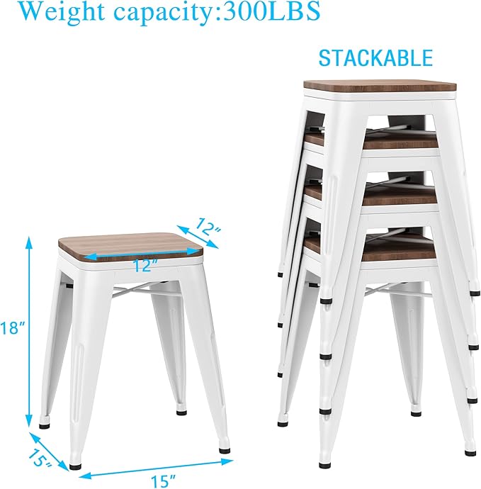 Andeworld 18 Inch Stools Set of 4,Industrial Metal Dining Chair with Wooden Seat,Short Kitchen Bar Stools Stackable for School,Classroom,Cream White