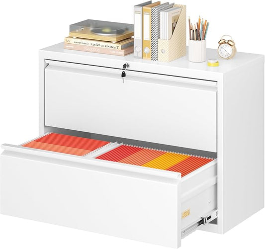 Greenvelly Lateral File Cabinet 2 Drawer, Lockable Metal Filing Cabinet for Home Office, White Metal File Cabinet with Lock for Legal/Letter/A4/F4 Size with Hanging Bars&Key