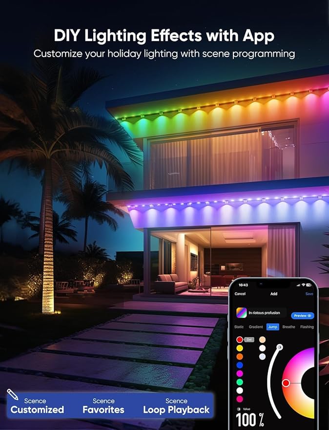 APPECK Permanent Outdoor Lights Pro 150ft, 108W RGBCW Eaves Lights with 108 LED Lights, 80lm, Cuttable, 111 Scene Modes, IP67 Waterproof Lighting for Christmas Decoration, Work with Alexa, White