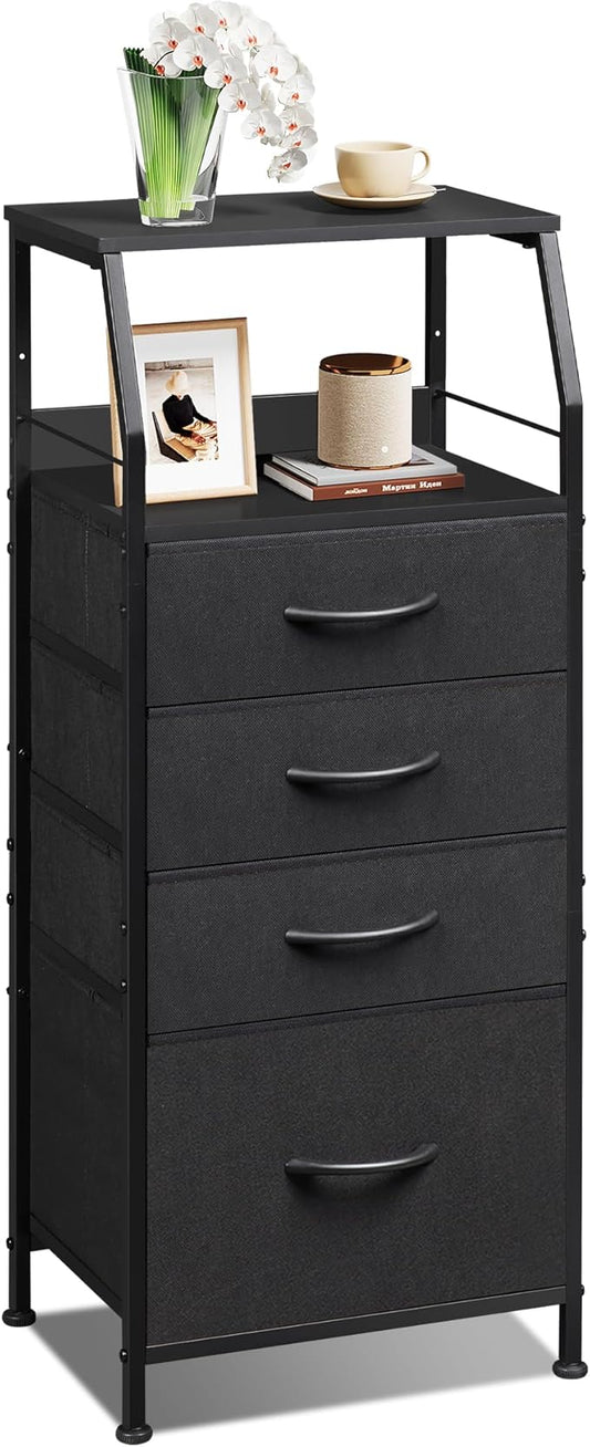 WLIVE Tall Nightstand with 4 Fabric Drawers & Open Shelf, Bedside Table for Bedroom, Modern Tall Dresser, Classic Black
