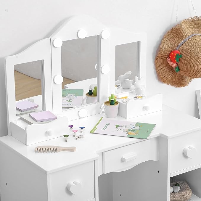 Kids Vanity Set With Mirror, 2 in-1 Wooden Toddler Vanity Table With Stool, Tri-Folding Mirror & Drawer,Princess Pretend Play Makeup Vanity Princess Makeup Desk Dressing Table for Little Girls