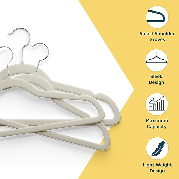Velvet Clothes Hangers – With 360 Degree Swivel Hook and Non-Slip Shoulder Notch, Holds Up To 10 lbs, Heavy Duty Hanger Set, For Organizing Suit, Dress, Coat, and Clothes, Pack of 10, Ivory