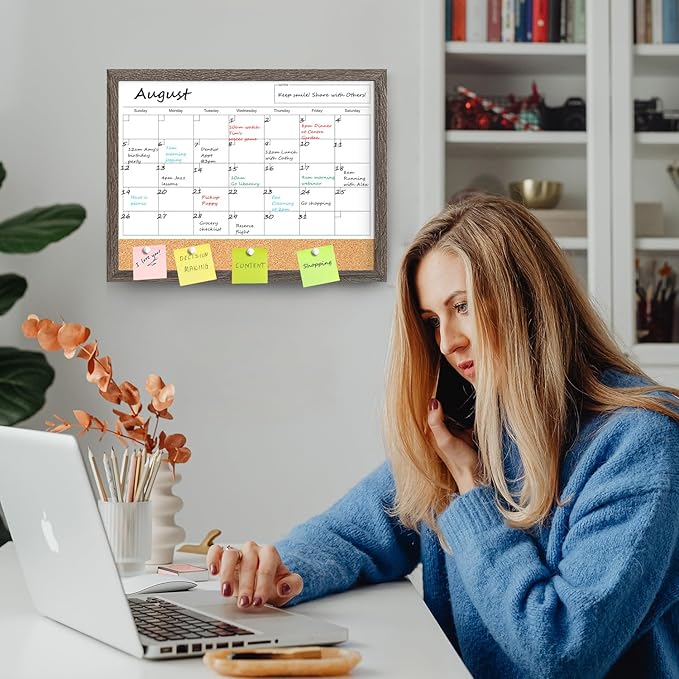 Calendar Whiteboard for Wall, 17x13 Inches Dry Erase Calendar Cork Board Combo, Magnetic White Board with Wood Framed, Hanging Dry Erase Board for Home Kitchen Office Planner Memo
