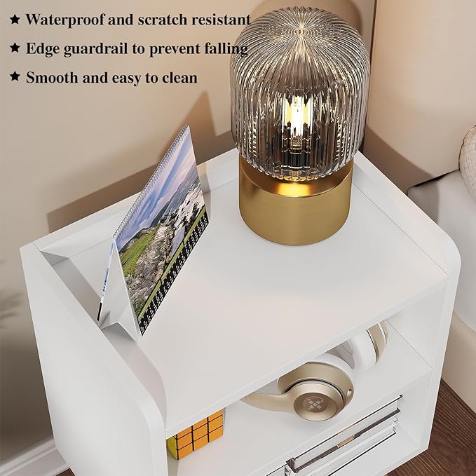 LUCKNOCK Mid Century Modern Nightstand, White Wood Bedside Table, 3 Tier Tall End Side Table with Open Storage Shelves, Small Night Stand for Bedroom, Kids Room & Small Spaces.