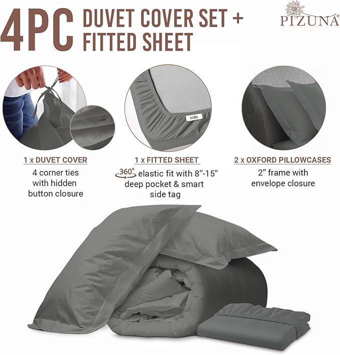 Pizuna 100% Cotton Full 3 Pc Duvet Cover + 1 Pc Fitted Sheet Set 400 Thread Count Dark Grey Sateen Weave Luxurious Long Staple Cotton 4 Piece Bedding Set -1 Duvet Cover, 2 Pillow Shams, 1 Fitted Sheet