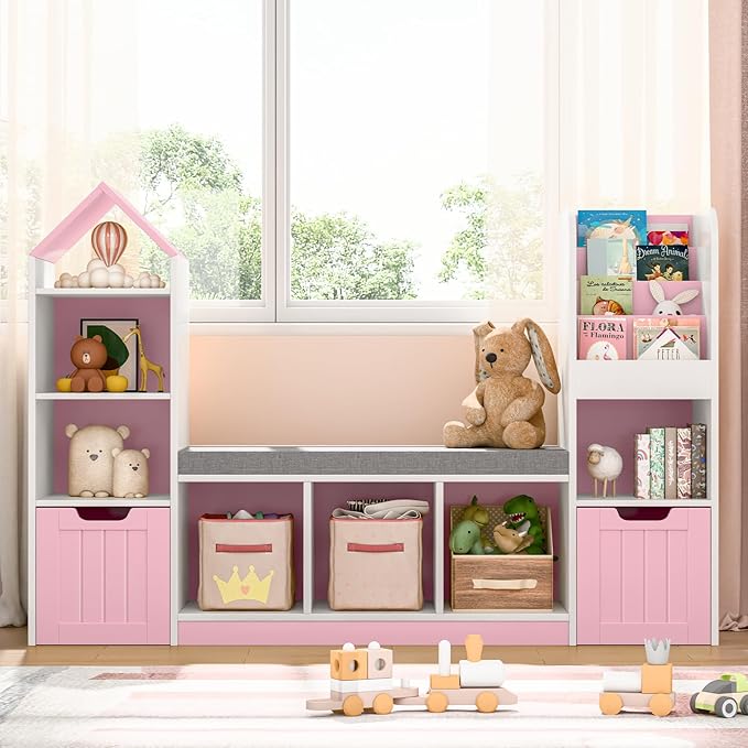 Kids Bookcase and Bookshelf with Reading Nook, Toy Storage Organizer for Kids, Pink Bookcase with 7 Storage Cubbies 2 Movable Drawers and Seat Cushion for Kids Room, Playroom, Bedroom