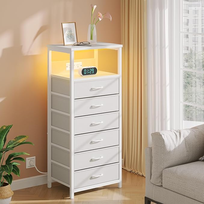 Seventable Night Stand with Charging Station, Tall Nightstand with 6 Fabric Storage Drawers, Side Table with LED Light for Bedroom, Entryway, White, Set of 2