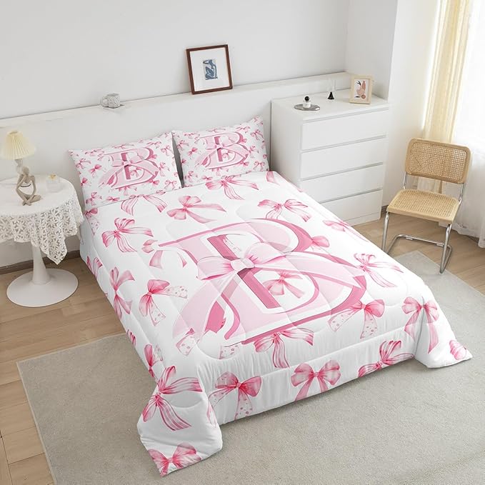 jejeloiu Kids Girls Cute Pink Bow Comforter Set Queen Size Personalized Initial B Bedding Set Ultra Soft Monogrammed Duvet Quilt Coquette Bow Knot Quilt Set Room Decor Modern Fashion Comforter