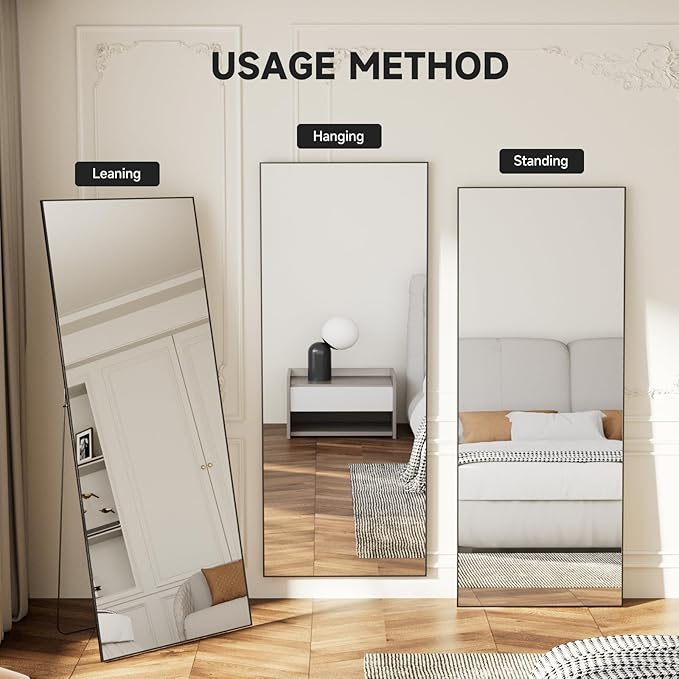 56"x15" Full Length Mirror, Black Tempered Glass Rectangle Floor Standing Mirrors,Wall Mounted Hanging Aluminum Alloy Frame Bedroom Floor