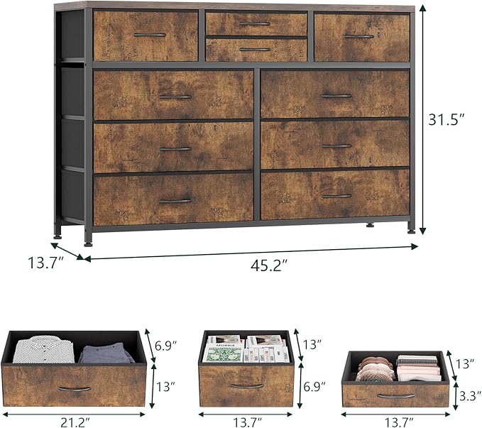 Jojoka Wide 10 Drawer Dresser,TV Stand Entertainment Center Fabric Storage Dressers Drawers for Bedroom, Hallway, Nursery, Closets, Steel Frame, Wood Top (Rustic)