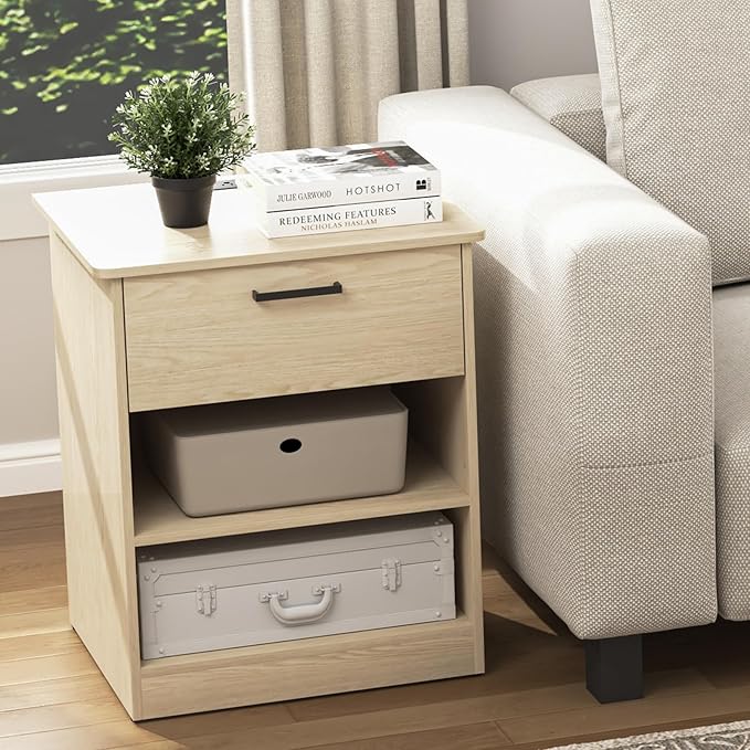 Night Stand with Charger Station, Modern Nightstand with USB Type-C Ports and AC Outlets, Large Bedside Table with Drawer and Open Storage, Wooden End Table for Bedroom (Natural, 1 Drawer)