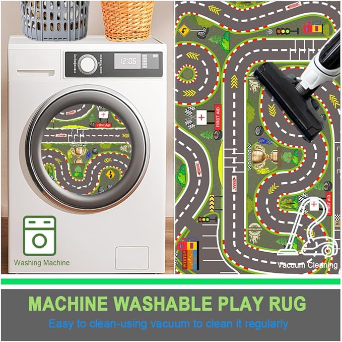 Kids Rug, Race Track Playmat Rugs 59×39 in Kids Carpet with Rubber Backing, Start and Finish line Racing Track Marking Car Road Race 3D Play Mat Nursery Rugs for Children Bedroom Playroom