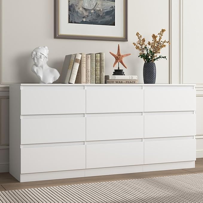 White Dresser for Bedroom, Long 9 Drawer Dresser with Deep Drawer,Modern Wide Wood Storage Chest of Drawer, Bedroom Storage Furniture,TV Stand for Living Room