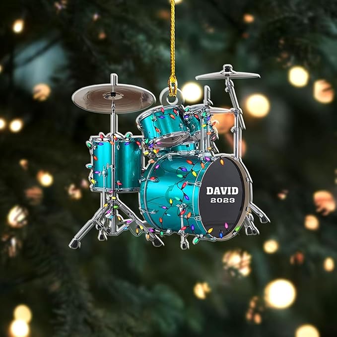 NAZENTI Drum Ornament, Custom Music Christmas Decor, Personalized Percussion Holiday Acrylic Piece, Player Silhouette Hanging Gift, Band Keepsake