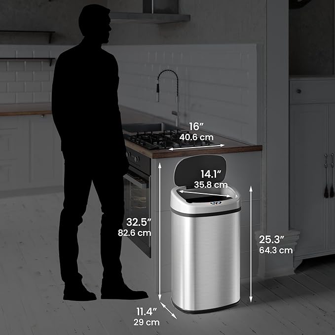 iTouchless 13-Gallon Touchless Kitchen Trash Can – Stainless Steel with Odor Control, Fingerprint-Proof Finish, Motion Sensor Lid & AC Adapter