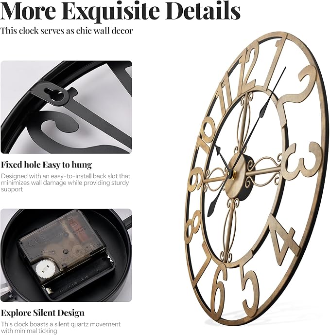 20 inch Large Wall Clock, Modern Decorative Wall Clocks for Living Room Decor, Metal Round Clock Battery-Operated Silent Non Ticking Retro Rustic Arabic Numerals Analog, Bronze