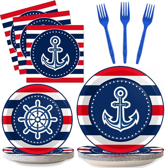 Wiooffen 96 Pcs Nautical Anchor Party Plates Napkins Tableware Set Anchor Theme Supplies Disposable Dinnerware Sailor Boat Ship Decoration Favors for Navy Baby Shower Birthday, 24 Guests