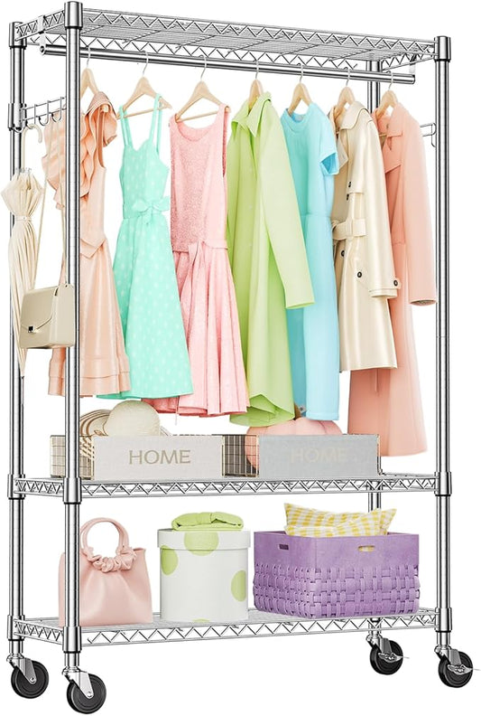 IZEUK Heavy Duty Garment Rack on Wheels, Rolling Freestanding Closet Organizer and Clothes Rack for Hanging Clothes with 1 Hang Rod, Adjustable Metal Wardrobe, 15.7" D x 45.3" W x 75.6" H, Chrome