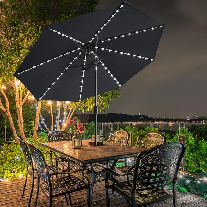EliteShade USA 10-Year-Non-Fading Solar 9ft Market Umbrella with 80 LED Lights Patio Umbrellas Outdoor Table Umbrella with Ventilation, Black