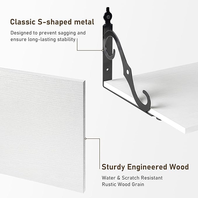 Deep Floating Shelves, 16" W x 12" D Wall Shelves Set of 2, Wide Display Shelf Wall Mounted with Brackets, Bookshelf for Living Room, Bathroom, Bedroom, White
