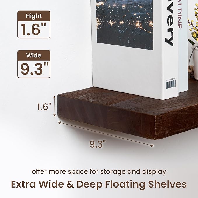 fuqing Floating Shelves for Wall - 36 Inch Natural Wood Shelves Set of 2-9.3 Inch Deep Wooden Wall Shelves with Upgraded Metal Brackets for Room