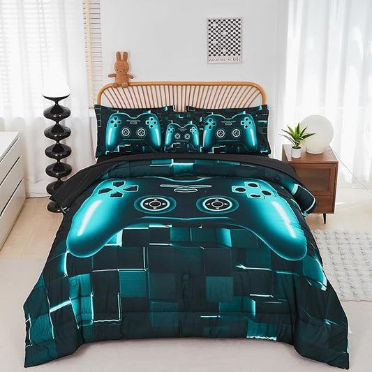 PERFEMET 6-Piece Boys Gamer Comforter Set Queen Size Teal Blue Video Game Controller Bedding Set with Sheets Lightweight 3D Black Gaming Pattern Bed in a Bag for Kids Teen(Teal, Queen)