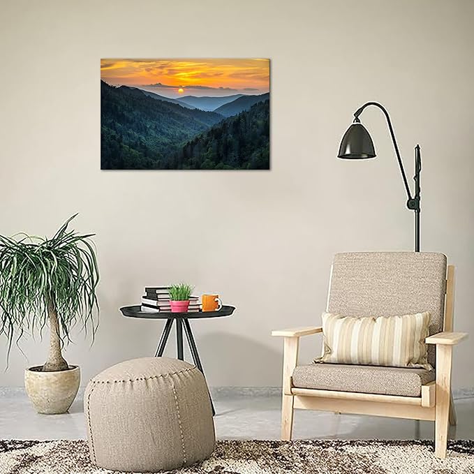 Forest Sunrise Wall Art Decor Great Smoky Mountains Photo Prints National Park Landscape Canvas Painting Artwork Framed for Bedroom Living Room (16x24 inch)