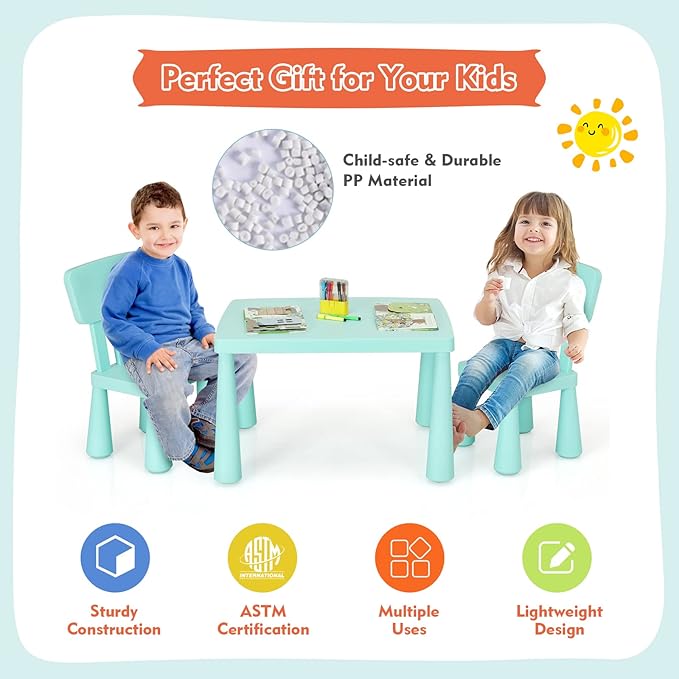 LDAILY Kids Table and Chairs, 3-Piece Children Arts Nursery Furniture for Drawing, Reading, and Painting, Light Weight Plastic Activity Kids Desk and Chair Set for Playroom, Kindergarten (Green)