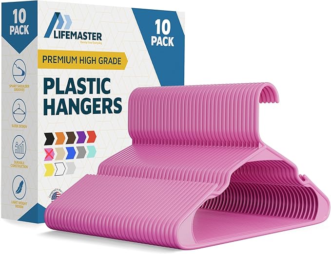 Plastic Clothes Hangers – Heavy Duty Hanger Set, for Organizing Clothes, Dresses, and Coat, Holds Up to 5 lbs, Space-Saving Hangers with Non-Slip Shoulder Grooves, Pack of 10, Pink