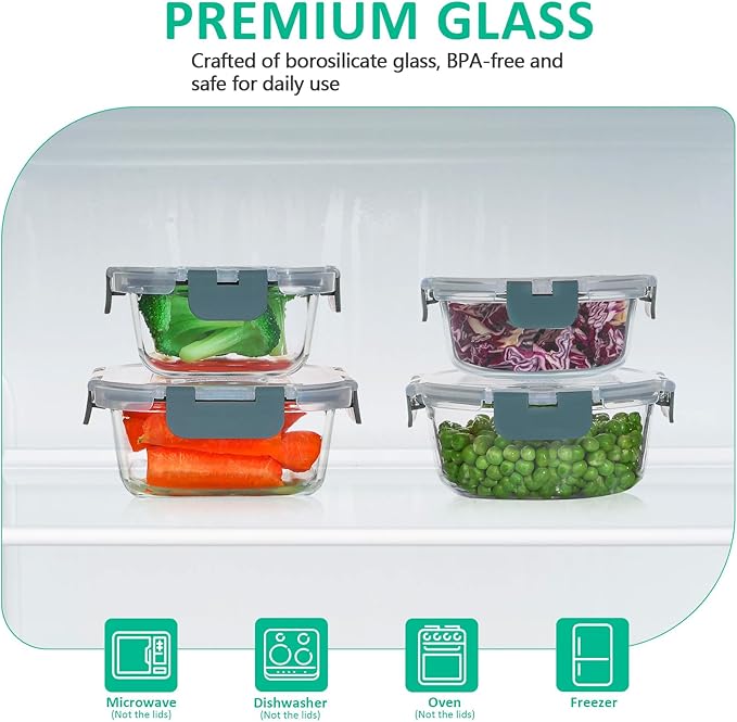 24 Pieces Glass Food Storage Containers Set,Glass Meal Prep Containers-Stackable Airtight Glass Storage Containers with lids,Freezer, Microwave, Oven Safe,Gray