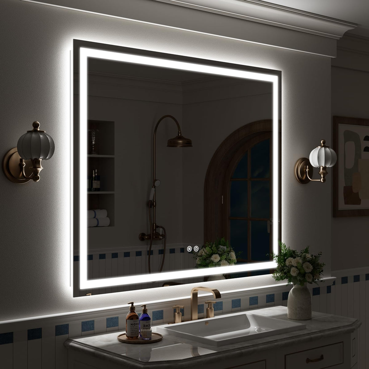 VEEYLOS 40x40 Inch LED Bathroom Mirror with Lights, Backlit & Front Lit