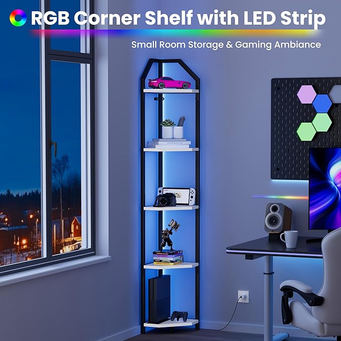 70 Inch Corner Shelf with LED Lights, 5-Tier Corner Bookshelf for Small Spaces, Wood & Metal Storage Rack for Bedroom, Living Room, Office - Modern Space Saving Design- White