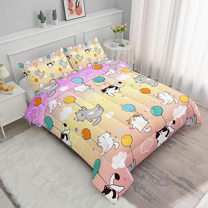Kids Comforter Set Cute Cats Printed Pattern Bedding Set with 1 Comforter and 2 Pillowcases for Girls Boys Bedroom All Season(Cat1 Full)